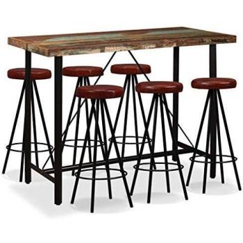 vidaXL Set Mesa Taburetes Bar 7 Piezas Madera Cuero Mesilla Mueble Auxiliar