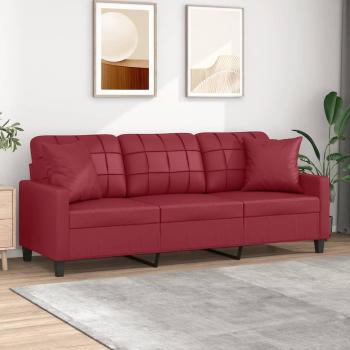 Sofá de 3 plazas con cojines de cuero sintético rojo tinto 180 cm