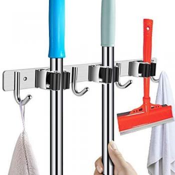 POPRUN Colgador de Escobas y Fregonas Adhesivos Pared, Acero Inoxidable Organizador Soporte de Escobas y Fregonas 3 Posiciones y 4 Ganchos para Hogar,Cocina,Garajes-Negro