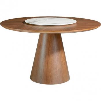 Mesa Comedor Redonda Giratoria Angel Cerda 1016C, Nogal y Blanco, Chapa de Nogal y Mármol Porcelánico, Ø135 x 75 cm