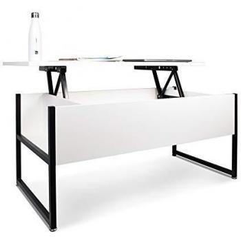 Mesa de café industrial moderna con almacenamiento y estante elevable de acero y madera