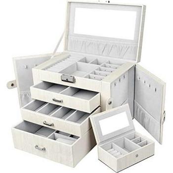 Yorbay Caja Joyero con Espejo y Cajones, Caja para Joyas, para Pendientes, Pulseras, Anillos, Almacenamiento y Expositor, Caja de joyería de Viaje Mini, Rayas Imitacion a Madera Blanco Reutilizable