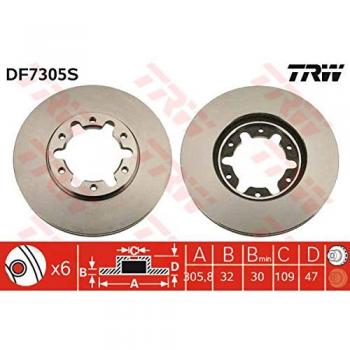 Disco de freno TRW DF7305S con características de alta calidad, diseño optimizado para mejor rendimiento en frenado, fabricado con materiales duraderos y resistencia a la corrosión