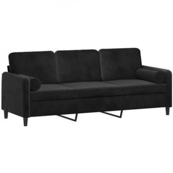Sofá de 3 plazas con cojines terciopelo negro 180 cm