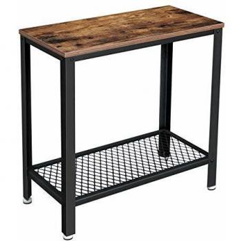 Mesa auxiliar industrial con estante de malla, mesita de noche, 60x30x60 cm, hierro, marrón rústico, para salón y dormitorio