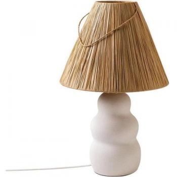 Lámpara de Mesa Cerámica Ulan Blanco Artesanal con Base de Madera y Pantalla Texturizada