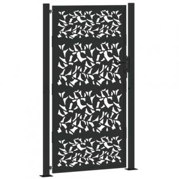 Black Steel Garden Gate 105x180 cm with Elegant Leaf Design