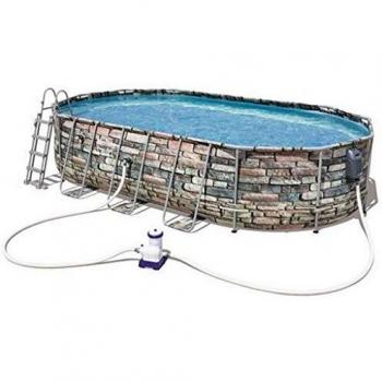 BESTWAY 56719C - Piscina Desmontable Tubular Power Steel Oval Diseño Piedra 610 x 366 x 122 cm, con Depuradora Cartucho 9.463 L/H con Escalera