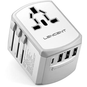 Adaptador Enchufe Eléctrico Universal LENCENT - 3 USB, 1 Tipo-C - 1920W - Viaje - Compatible con Más de 200 Países