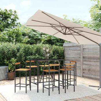 7-Piece Black Acacia Wood and Poly Rattan Garden Bar Set