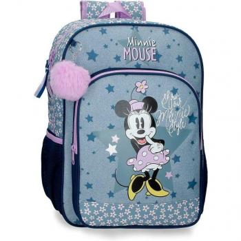 Mochila Escolar Disney Minnie Style Azul 30cm x 40cm x 13cm con Bolsillo Frontal y Pompón Decorativo en Poliéster