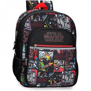Mochila Escolar Star Wars Galactic Team para Niños, 30 cm x 38 cm x 12 cm, Poliéster, Color Negro con Bolsillos Frontales y Laterales