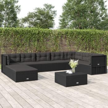 9-Piece Black Poly Rattan Outdoor Lounge Set with Cushions