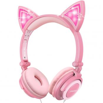 Auriculares Infantiles, ifecco Plegable Auriculares con LED Orejas de Gato conectividad belte Over Ear Headset Auriculares para iPod iPad iPhone Android teléfono móvil Tablet PC MP3 MP4 Player Rosa
