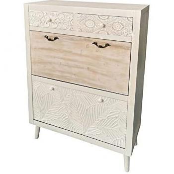 LOLAhome Zapatero Blanco y Natural de Madera de Abeto Tallado de 80x30x110 cm