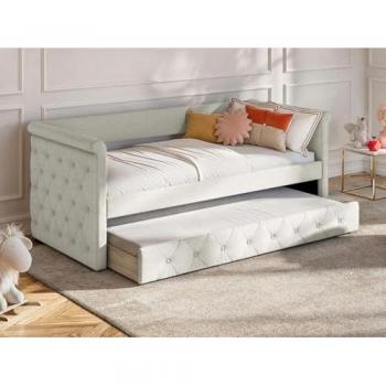 Sofá cama nido capitoné - 2 x 90 x 190 cm - Tela - Beige + Colchón - LOUISE