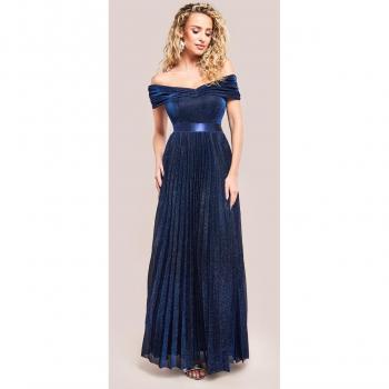 Goddiva Bardot Pleated Skirt Maxi Dress - Navy