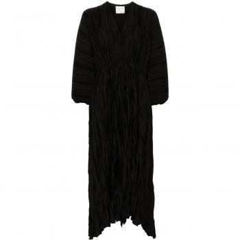 Forte Forte Women's Black Plissé Satin V-Neck Maxi Dress, Size S