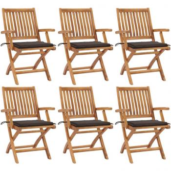 Foldable Garden Chairs with Cushions - 6 Pack Solid Teak Wood