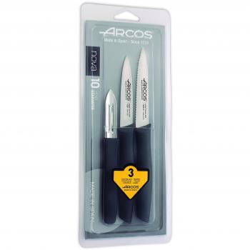 Arcos Serie Nova, Set 3 pzas. Cuchillos Mondadores, Hoja de Acero Inoxidable de 60 mm y 85 mm y 100 mm, Mango de Polipropileno Color Negro