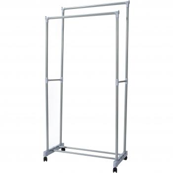 Colgador de ropa doble con ruedas y estante inferior, Fabricado en acero lacado con epoxi, RAN5373, gris y plata, 78,5 x 43 x 150/165 cm