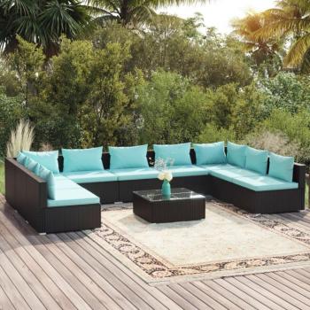 10-Piece Black Poly Rattan Garden Lounge Set with Cushions