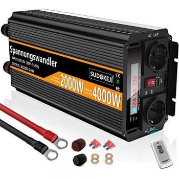 SUDOKEJI Inversor de Corriente de 12v a 220v de 2000 4000W Convertidor de Voltaje,Onda Sinusoidal Modificada Transformador de Corriente Con LCD Mando A Distancia y Puerto USB Con 2 AC Tomas