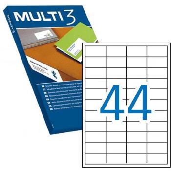 Multi3 500 Hojas con 44 Etiquetas Blancas por Hoja, Cantos Rectos, Tamaño 48.5x25.4mm, Adhesivo Permanente