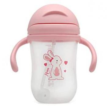 Taza de Aprendizaje con Asas Kiokids 300ml - Reducción de Líquido - Fácil Apertura Deslizante - Diseño Conejito/Rosa - 6M+