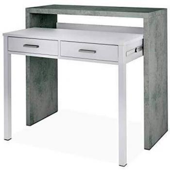 Habitdesign Mesa Escritorio Extensible, Mesa Estudio, Consola, Color Blanco Artik y Gris Cemento, Medidas: 98,5 cm