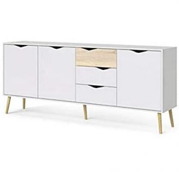 Aparador Buffet Dmora Blanco y Roble con 3 Puertas y 3 Cajones, Medidas 195 x 81 x 39 cm, Embalaje Reforzado