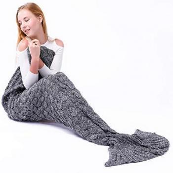 Manta de cola de sirena para adultos, hecha a mano, patrón de punto, color azul, suave, saco de dormir para mujeres y niñas