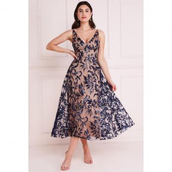 Goddiva Sequin Mesh V-Neck Flared Skirt Midi