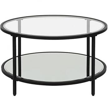 Mesa de Centro Redonda Negra de Vidrio Templado Ø 70 cm con Estante Espejado y Estructura de Hierro