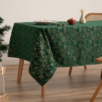 Mantel navideño rectangular de algodón jacquard verde con hilo dorado 140x240 cm