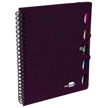 Liderpapel Cuaderno Espiral A4 Micro Executive Tapa Plástico 100H 80 g/m² Cuadro 5Mm 5 Separadores Con Gomilla Burdeos