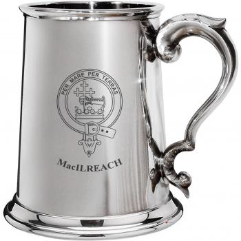 MacIlreach Family Crest Polished Pewter 1 Pint Tankard with Scroll handle