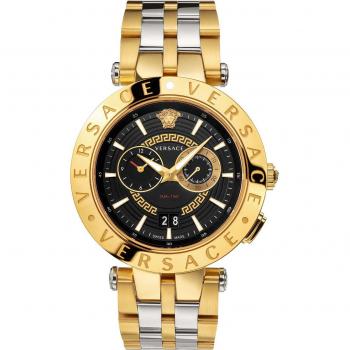 Versace Swiss Dualtimer Elegant Black Leather Watch