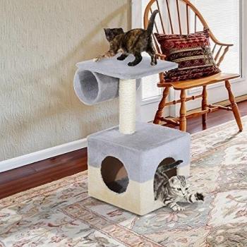 PawHut Rascador Árbol para Gatos 31x31x58 cm con Poste Central Casa Cama de Felpa Suave para Arañar Dormir y Jugar Gris y Beige