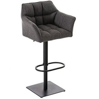Taburete de bar Damaso en tela gris titanio y negro, regulable en altura y giratorio, con respaldo y reposabrazos