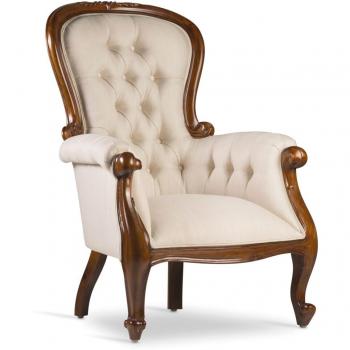 Sillón de Madera de Caoba Marrón con Tapizado en Poliéster Blanco y Diseño Capitonné