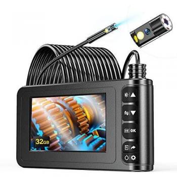 YINAMA Endoscopio Industrial, Cámara de Inspección de Doble Lente HD 4.3 Pulgadas, IP67 a Prueba De Agua, con 6 Luces LED, Cable Semirrígido, Tarjeta TF de 32G y Herramienta