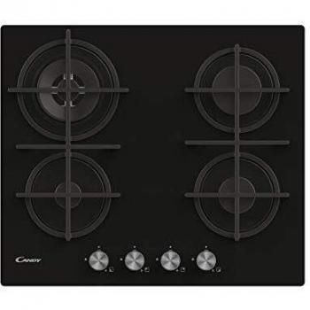 Candy CVG6BR4WPB - Piano de Cocina a Gas 60 cm, 4 Quemadores, Vitrocerámico Negro, Grillas de Hierro Fundido, Incorporable