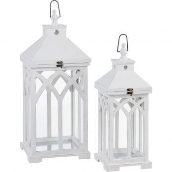 Farol Portavelas Blanco de Cristal y Madera de Abeto 28 x 28 x 70 cm (2 Unidades)