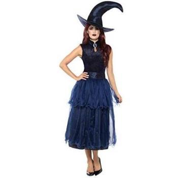 Smiffy's-45112L Disfraz Deluxe de Bruja de Medianoche, con Vestido, Broche lenticular imp, Color Azul, L-EU Tamaño 44-46