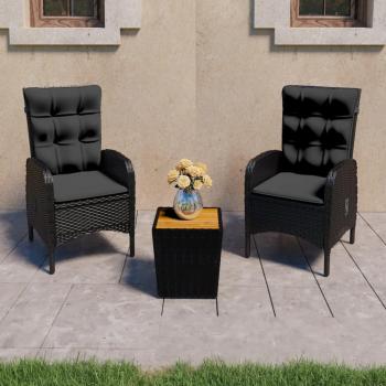 3-Piece Black Garden Bistro Set with Poly Rattan and Acacia Wood