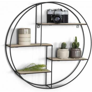 LIFA LIVING Estantería de Pared, Madera y Metal, Diseño Vintage Industrial, Forma Redonda, para almacenaje de Libros, Fotos, Botellas, y más, Ø55 cm x 11 cm