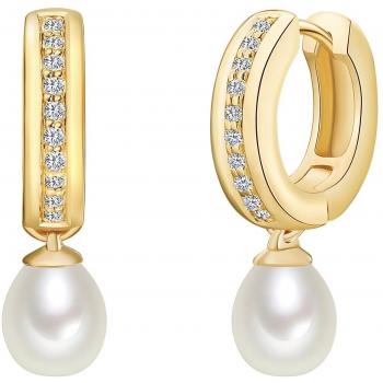 Pendientes de Creolen en Plata 925 Baño de Oro con Perlas de Agua Dulce Blancas y Zircónia Blanca para Dama