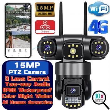 Cámara IP V380pro 15MP, 3 Lentes, 4G/Wifi, Detección Humana por IA, Visión Nocturna, Impermeable, Videovigilancia de Seguridad 8K