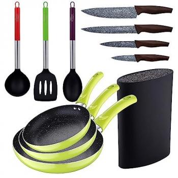 Set de 3 Sartenes Antiadherentes de Aluminio Prensado Verde con Utensilios de Cocina y Cuchillos San Ignacio